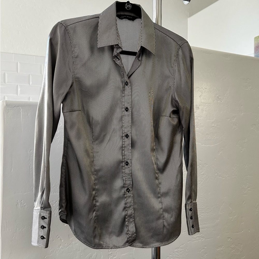 Zara - black and white pin stripe silver blouse - Size- Medium